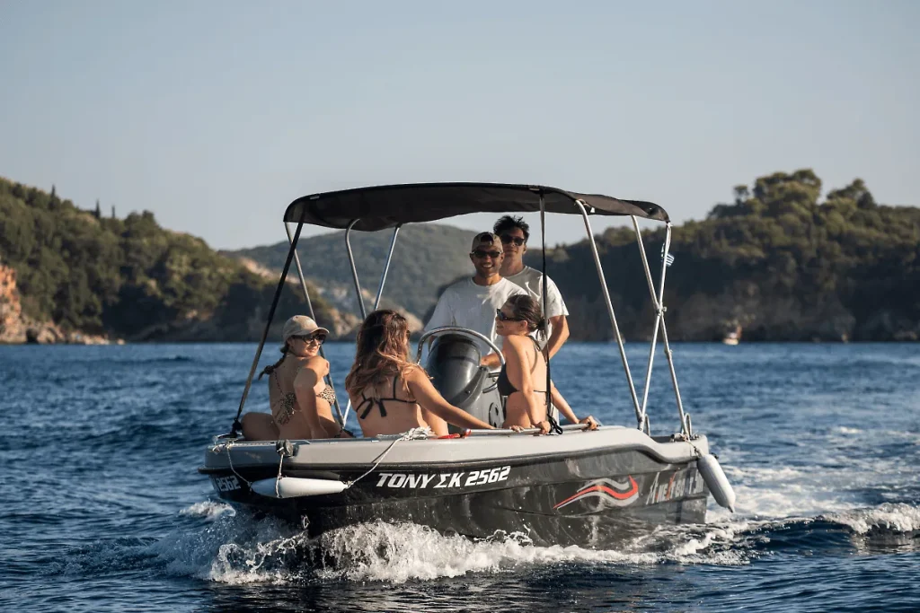 A rental boat by Corfu High Seas with people on board
